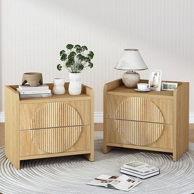 Turtle&Myrtle 24 Inch Wide Fluted Nightstands Set of 2, Large Night Stand with 2 Drawers, Mid Century Modern Bedside Table End Table with Storage for Bedroom Living Room Office (Natural)