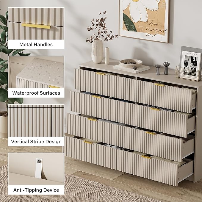Beige Dresser for Bedroom, Modern Dresser with 8 Drawers and Smooth Slides, Wide Chest of Drawers with Golden Handles for Bedroom, Closet, 15.7" D x 55" W x 37.4" H