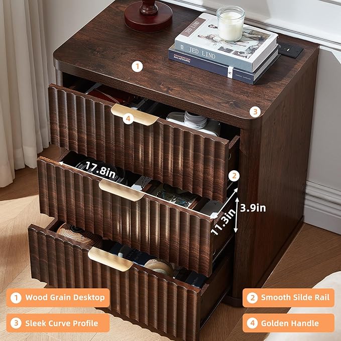 LEYAOYAO Fluted Farmhouse Nightstand Set of 2 with Charging Station, 23" Wide 3 Drawers Night Stand,Walnut Dresser for Bedroom,Bed Side Table Chest of Drawers,Wood End Table for Living Room
