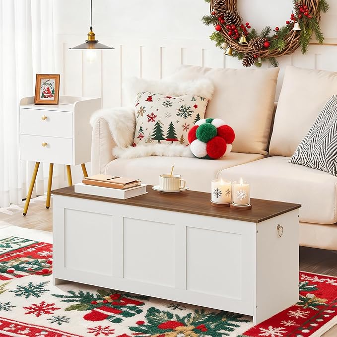 HOOBRO Storage Bench, 39.3" Retro Wooden Storage Chest, Wooden Storage Trunk, Toy Chest with Lift Top, Multifunctional Entryway Organizer, for Entryway, Living Room, White and Walnut WH141CW01