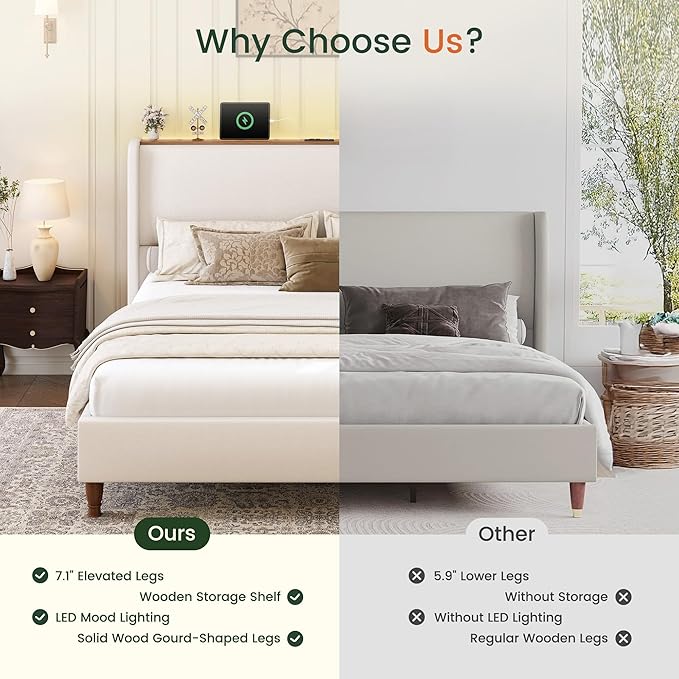 LARMACE Queen Size Bed Frame with LED Lights and Charging Station Linen Upholstered Platform Bed Frame with 51.2" Tall Headboard Wingback and Storage Shelf, No Box Spring Needed, Noise Free, Beige