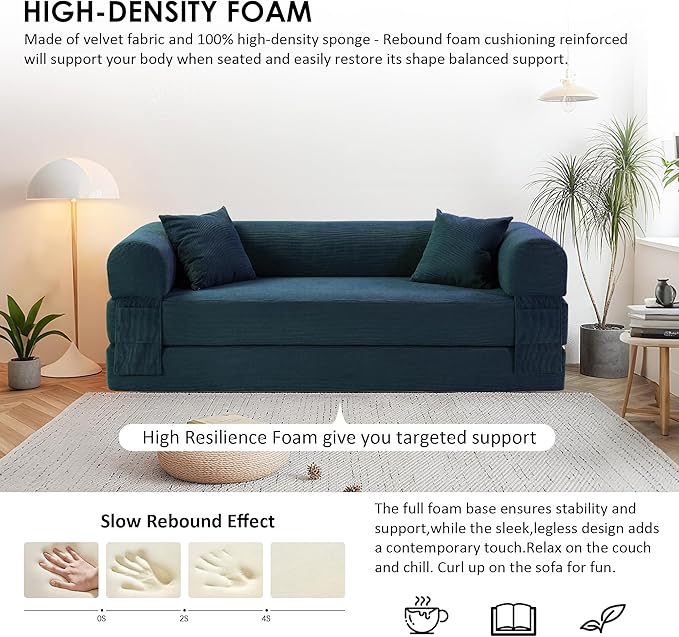 80" Convertible Sofa Bed, 3-in-1 Corduroy Folding Pull Out Couch with Pillows, No Assembly Modern Boneless Couch Compression Sofa in Box, Floor Sofa with Side Storage Pocket for Living Room,Dark Blue