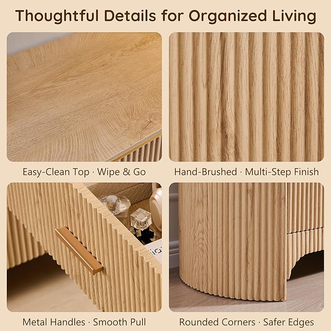 Fluted 6 Drawer Dresser for Bedroom with Curved Profile Design, 53.9 Inch Wide Chest of Drawers, Smooth Glide Storage Cabinet for Living Room, Natural Oak