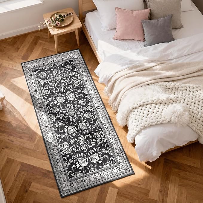 3x12 Machine Washable Floral Rugs: Long Runner Rugs for Hallways Non Slip Waterproof Carpet Runner Soft Vintage Low Pile Floral Rug for Kitchen Bedroom Bathroom Dining Living Room Black White