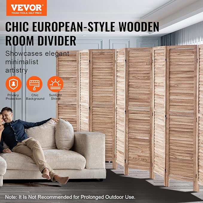 VEVOR Wood Room Divider, 8 Panel Wood Folding Privacy Screen, 66.9 Inches Tall Indoor Louvered Partition Divider, Portable Decoration Screen, for Room Separation, Home, Office, Restaurant & Bedroom