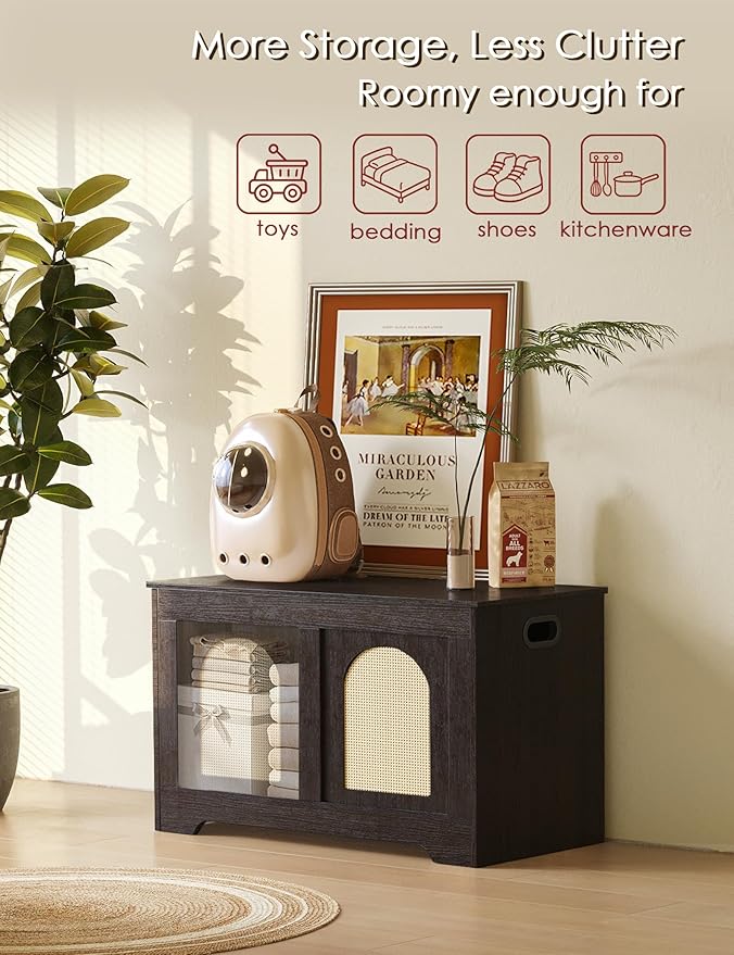 DINZI LVJ Storage Chest, 31.5" Rattan-Like Toy Box with 2 Safety Hinges, Wooden Entryway Storage Bench with Flip-Top, Storage Trunk for Living Room, Bedroom, Easy Assembly, Espresso and Natural