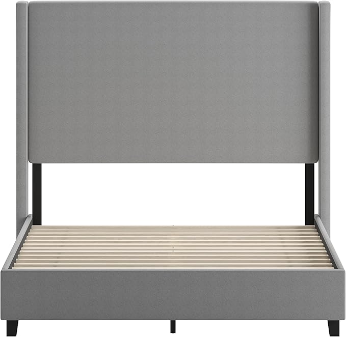 EMMA + OLIVER Nora Queen Size Faux Linen Upholstered Platform Bed with Plush Padded Wingback Headboard (No Box Spring Needed), Modern Upholstered Headboard Queen Bed Frame, Gray