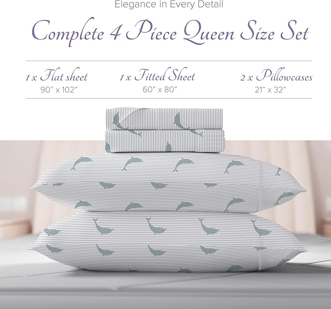 Carressa Linen Luxury Egyptian Cotton Queen Printed Sheet Set - 600 Thread Count Extra Long Staple 4 PC Set, Dolphin Dance Queen Printed Sheets, Soft, Cooling Sheets Upto 18 in Deep Pocket