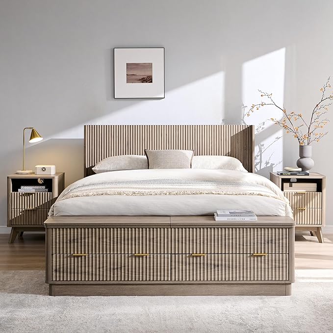 T4TREAM Fluted Queen Size Bed Frame with Wingback Headboard, Footboard Storage Bench with Built-in Drawers & Lift-Up Compartments, Wood & Steel Platform Bed, No Box Spring Needed, Grey Alder