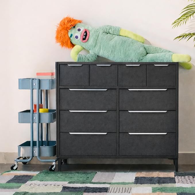 Naima Premium Fabric Dresser - Strong Metal Frame, 10 Spacious Sag-Proof Drawers with Sleek Metal Handles - Premium & Durable Storage Solution for Your Home (Charcoal)
