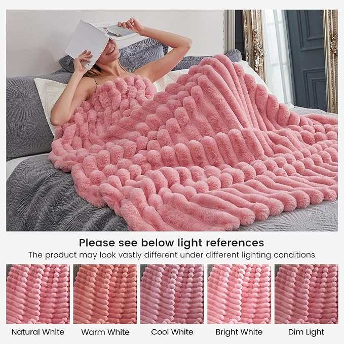 Cozy Bliss Faux Fur Throw Blanket for Couch, Cozy Warm Plush Striped Blanket for Sofa Bedroom Living Room, 50 * 60 Inches Hot Pink