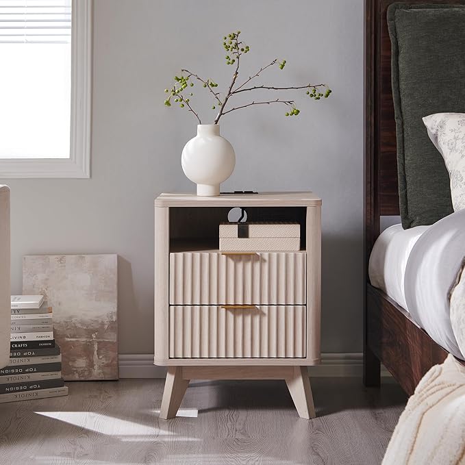 T4TREAM Fluted Nightstand Set of 2 with Charging Station, 18" Modern Side Table with 2 Drawer, End Table w/Storage, Bedside for Bedroom, Living Room, Curved Profile Design, White Alder