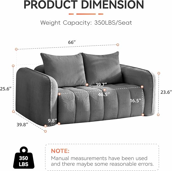 66'' Boneless Corduroy Loveseat Sofa, 2 Seater Tufted Deep Seat Couch with Rounded Armrest, Upholstered Cloud Couch for Living Room, Bedroom, No Assembly, Grey
