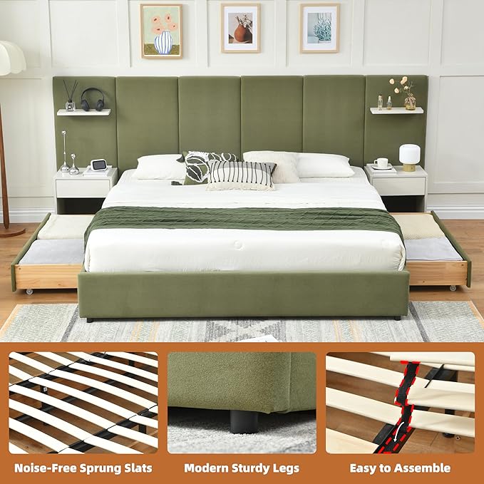 King Bed Frame with Storage & Built-in Nightstands, Velvet Upholstered Platform Bed Frame with Drawers & 2 Floating Storage Shelves, Noise-Free, No Box Spring Needed, Easy Assembly, Green