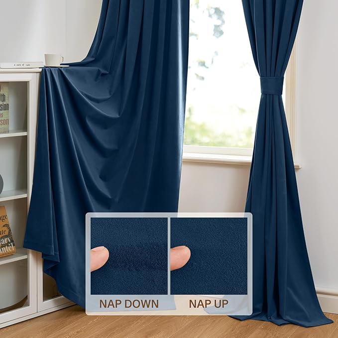 StangH Navy Blue Curtains 102 inches for Bedroom, Elegant Blackout Velvet Drapes Noise Reducing Sliding Door Covering for Dining Room Theater, W52 x L102, 2 Panels