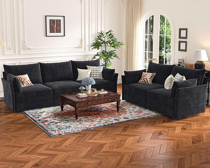 ABCASA Oversized Loveseat Sofa, Modern Modular Sectional Couch Black Fluffy Chenille Mid Century 2-Seat 24.5" Deep Seat for Apartment, Living Room, Bedroom