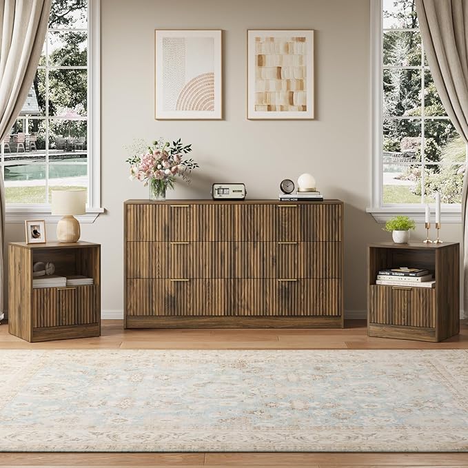 6 Drawer Dresser & Nightstand Set 3-Piece, 55” Wide Bedroom Set Night Stand Set of 2 with Metal Handle, Fluted Modern Wood Chest of Drawers Storage Dressers Set for Bedroom, Walnut