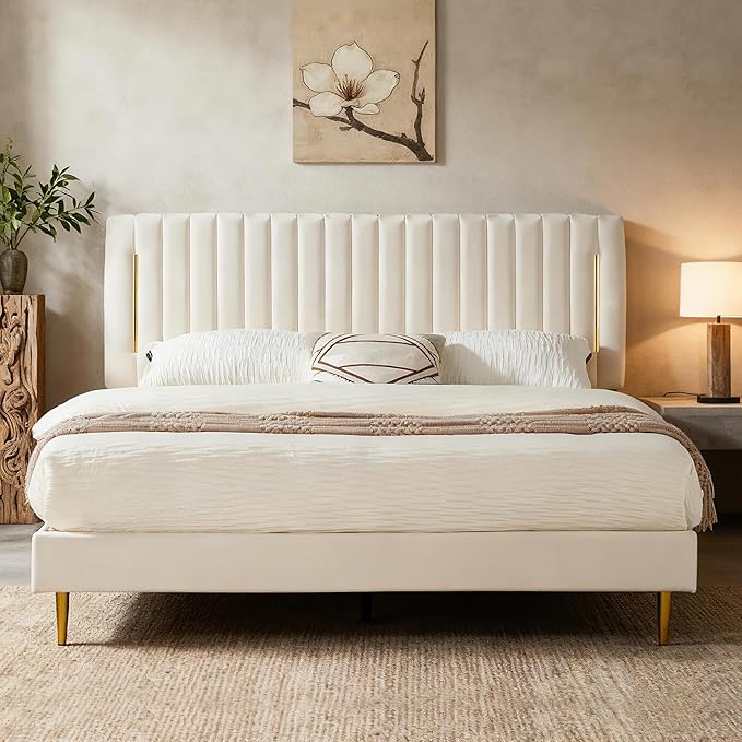 Twin Platform Bed Frame, Velvet Upholstered Bedframe with Vertical Channel Adjustable Headboard, Golden Plating Trim, Mattress Foundation with Wooden Slats, No Box Spring Needed, Beige