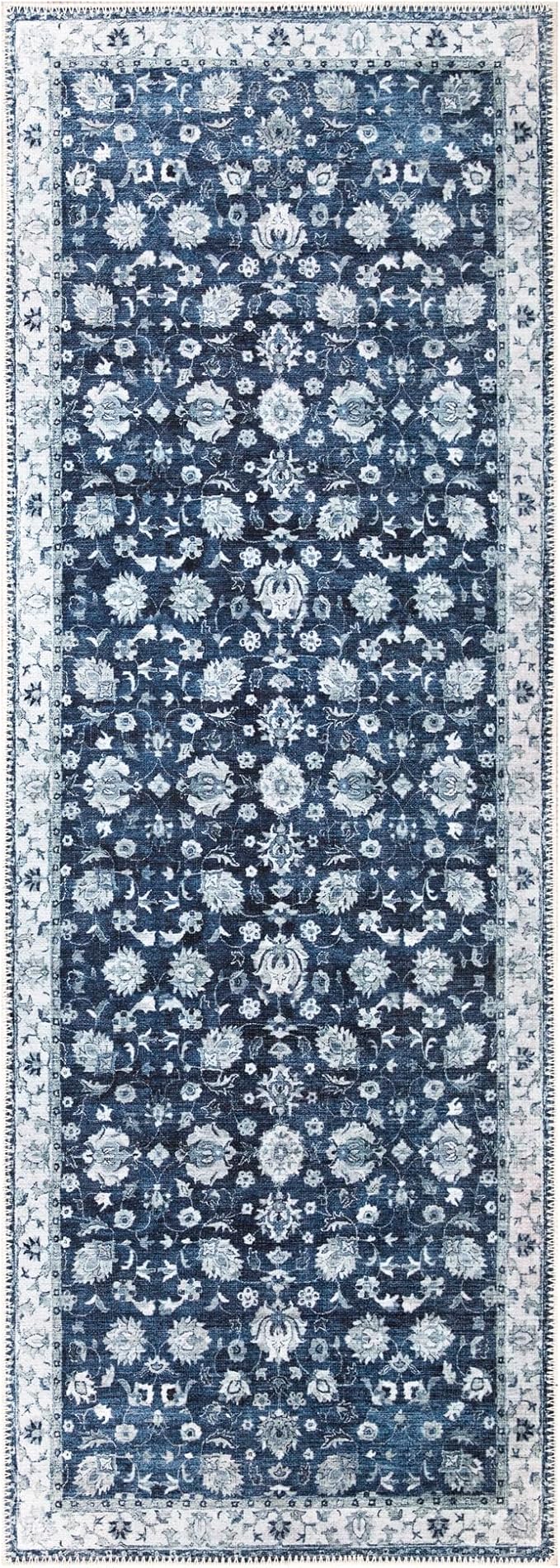Bloom Rugs Washable Non-Slip 10 ft Runner - Dark Blue Traditional Bordered Runner for Entryway, Hallway, Bathroom, and Kitchen - Exact Size: 2.5' x 10'