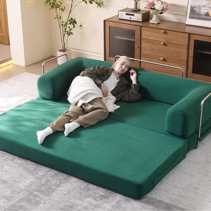 79'' Convertible Sleeper Sofa Bed, 3-in-1 Foldable Floor Couch with Corduroy Upholstery, No Assembly Loveseat, Light Brown Lounge Mattress for Living Room, Studio, Guest Room (Light Green)