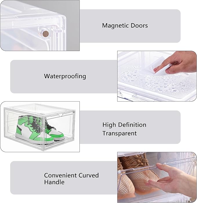 Attelite Upgrade 12pack Shoe Box Storage Containers,Thicken Sturdy Clear Stackable Plastic Shoe Organizer Box with Magnetic Door, Drop Front Shoe Box Sneakers X-Large