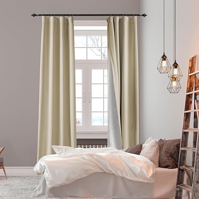 3-in-1 100% Blackout Curtains 90 Inches Long, Thermal Insulation, Soundproof Back Tab Drapes for Bedroom Living Room Sliding Glass Door, with Pin Hooks, Beige 50x90Inch 1 Panel