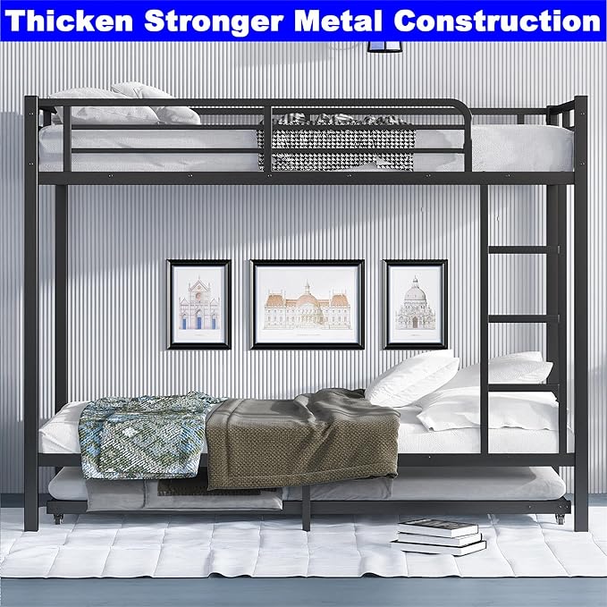 Upgraded Version Thicken Heavy Duty Metal Twin XL Bunk Bed with Twin Size Trundle, Modern Style Stronger Bunk Bed Frame for Adults, Easy Assembly (Twin XL)