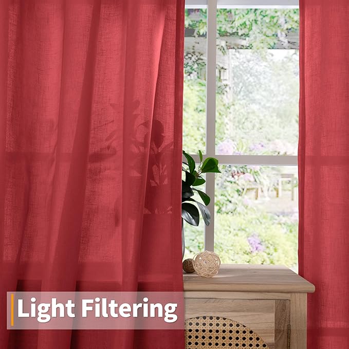 YoungsTex Red Linen Semi Sheer Curtains 72 Inch Length for Living Room, Light Filtering Window Drapes with Grommet Privacy Christmas Decor for Dining Bedroom, 2 Panels, 52 X 72 Inch