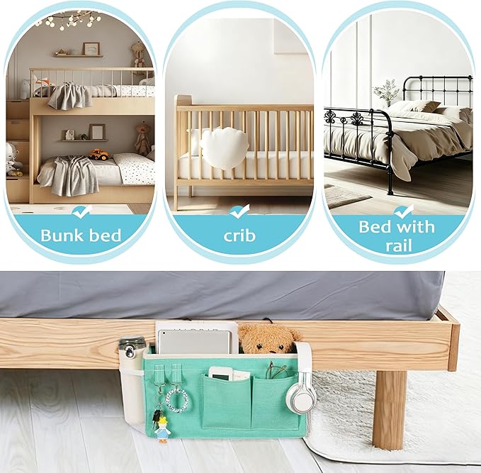 Loghot Bedside Caddy/Bedside Storage Bag Hanging Organizer for Bunk and Hospital Beds,Dorm Rooms Bed Rails,Can be Placed Glasses,Books,Mobile Phones,Keys (Green)