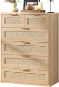 LEYAOYAO Rattan Dresser for Bedroom, 41" Tall Chest of Drawers, Modern 6 Drawers Boho Dressers with Storage, Light Oak Dresser Wooden Closet Organizer for Living Room, Hallway, Natural Wood