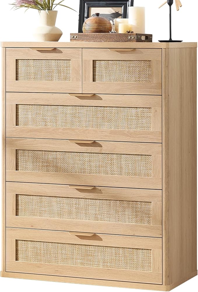 LEYAOYAO Rattan Dresser for Bedroom, 41" Tall Chest of Drawers, Modern 6 Drawers Boho Dressers with Storage, Light Oak Dresser Wooden Closet Organizer for Living Room, Hallway, Natural Wood