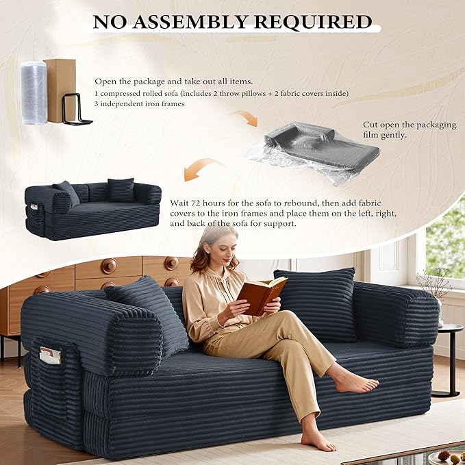 Boneless Couch Folding Couches for Living Room Sofa, Futon Sofa Bed with Sleeper Sofa, Futon Couch with Fixed-Shape Oversized Corduroy Upholstered (Dark Gray, 81 Inches)