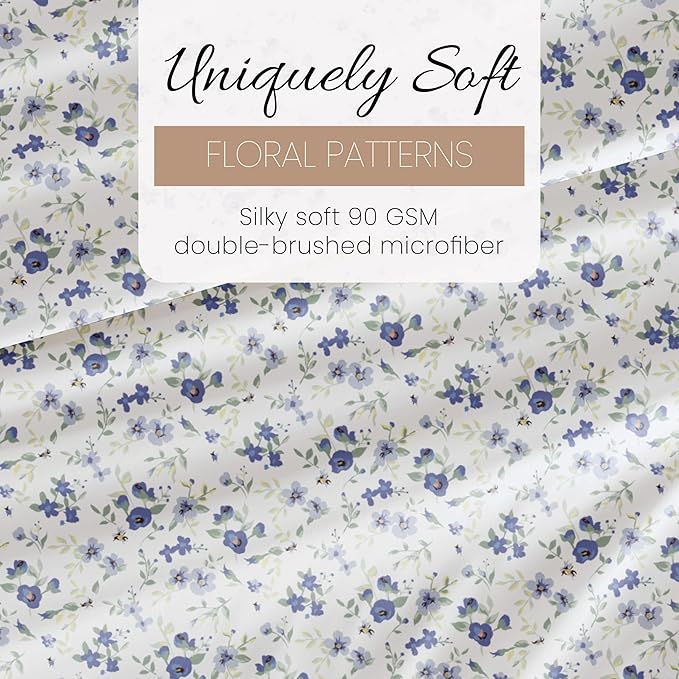 Linen Market Double-Brushed Patterned Microfiber California King Sheet Set 4 Piece – OEKO-TEX Certified Ultra Soft & Wrinkle-Free - 16" Deep Pocket Sheets Easy Care Cal-King Size - Blossoms Light Blue