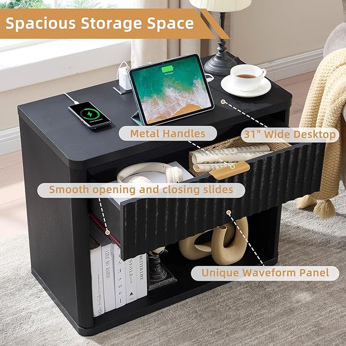 LEYAOYAO 31" Wide Fluted Nightstand Set of 2 with Charging Station, Oversized Extra Large 1 Drawer Night Stand with Golden Handle, Black Wood Bedside Table Tall End Tables,for Bedroom, Living Room