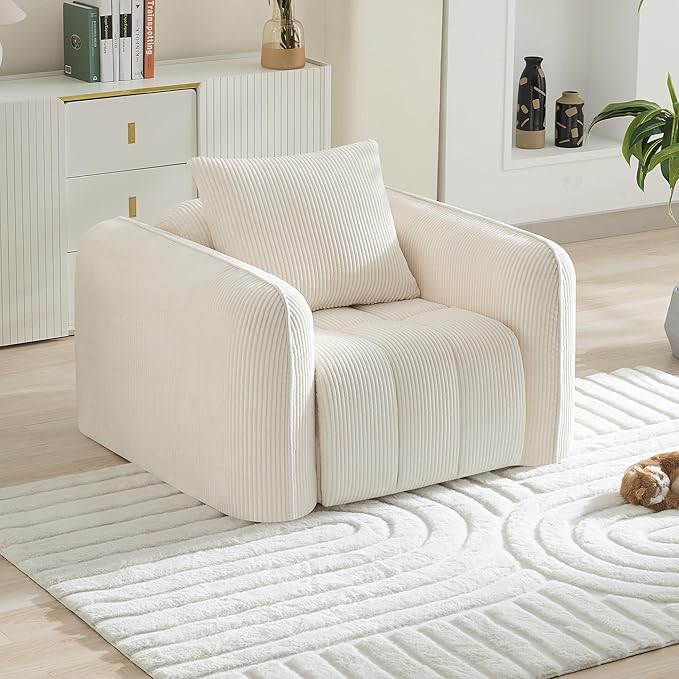 Oversized Boneless Corduroy Accent Chair, Comfy Deep Seat Armchair for Bedroom, Modern Upholstered Living Room Sofa Chair with Pillow, No Assembly, White