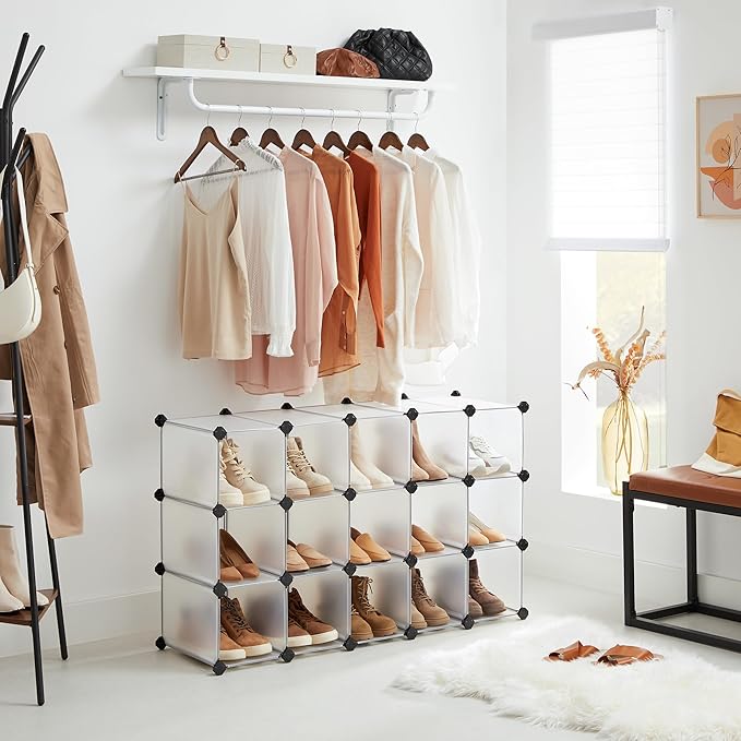 SONGMICS Shoe Rack with 16 Cubes, Interlocking Plastic Shoe Organizer, DIY Storage Cabinet for Closet Entryway Bedroom Garage, Space Saving Design, 12 x 35.1 x 27.2 Inches, Transparent ULPC445W02