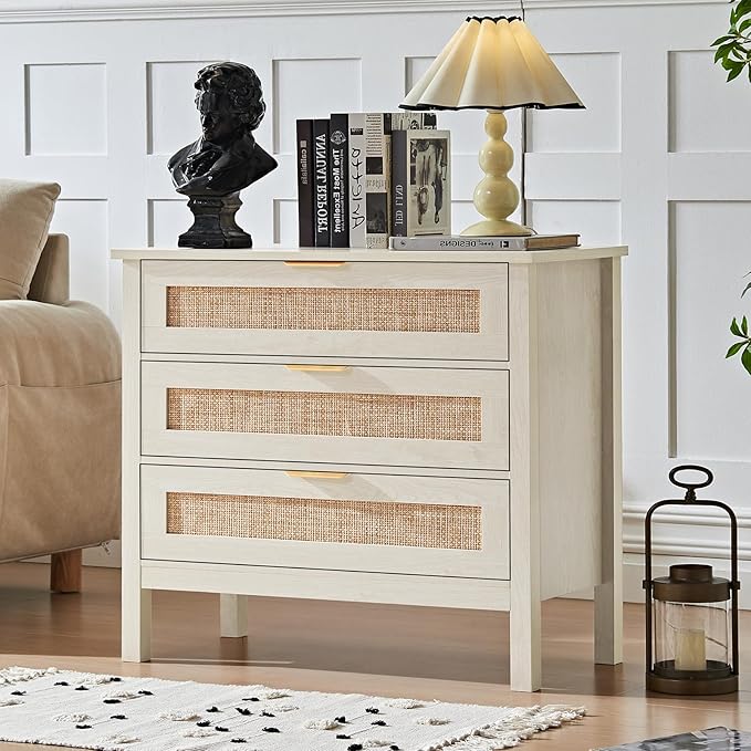 LEYAOYAO 31.5" Wide Rattan Night Stand, Large Boho Nightstand, Bedside Table with Storage, Tall Bed Side End Tables, Chest of Drawers for Bedroom, Living Room, Hallway（Grey,3 Drawers,2）