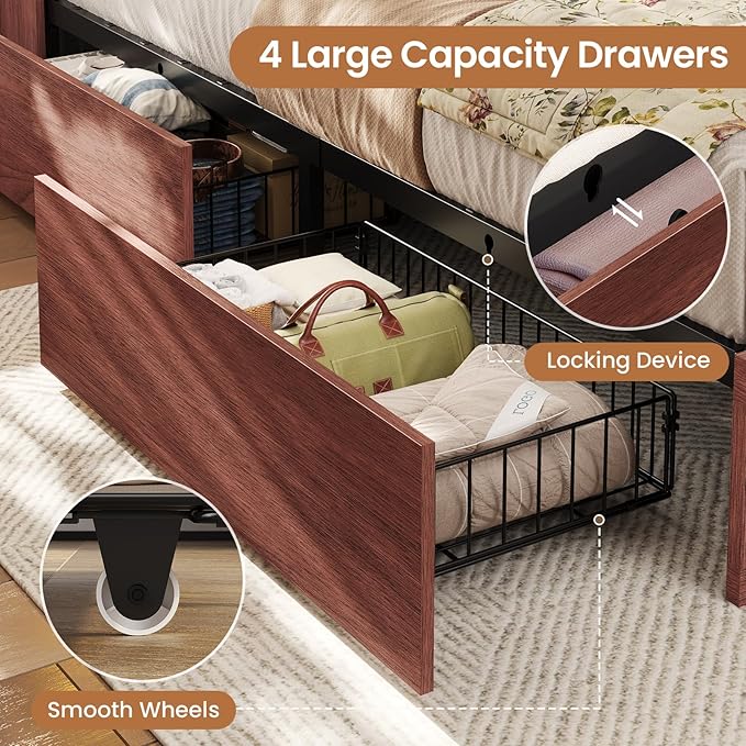 VIAGDO Farmhouse Bed Frame Full Size with Bookcase Storage Headboard, Charging Station and LED Lights, Wooden Full Bed Frame with 4 Drawers, Barn Door Design, No Box Spring Needed, Reddish Brown