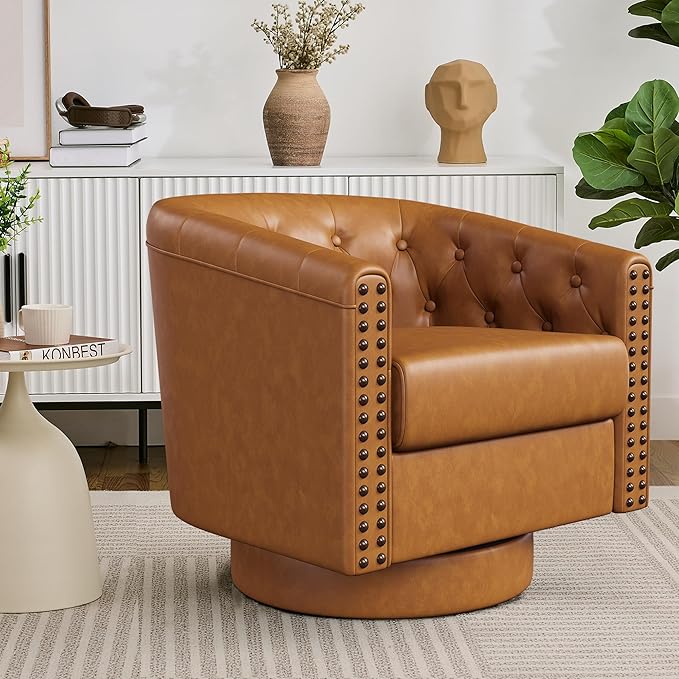 Swivel Barrel Accent Chair,Round Nailhead Faux Leather Living Room Arm Chairs,Modern Upholstered Comfty Reading Nook Chairs for Bedroom,Small Club Armchair,Single Sofa Side Chair,Caramel Brown