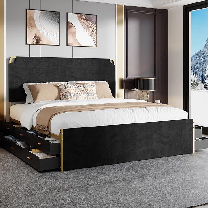 King Size Bed Frame with 12 Storage Drawers and Headboard, Metal Platform Bedframe, No Box Spring Needed, Stable and Solid, Noise Free. (Black+Velvet, King)