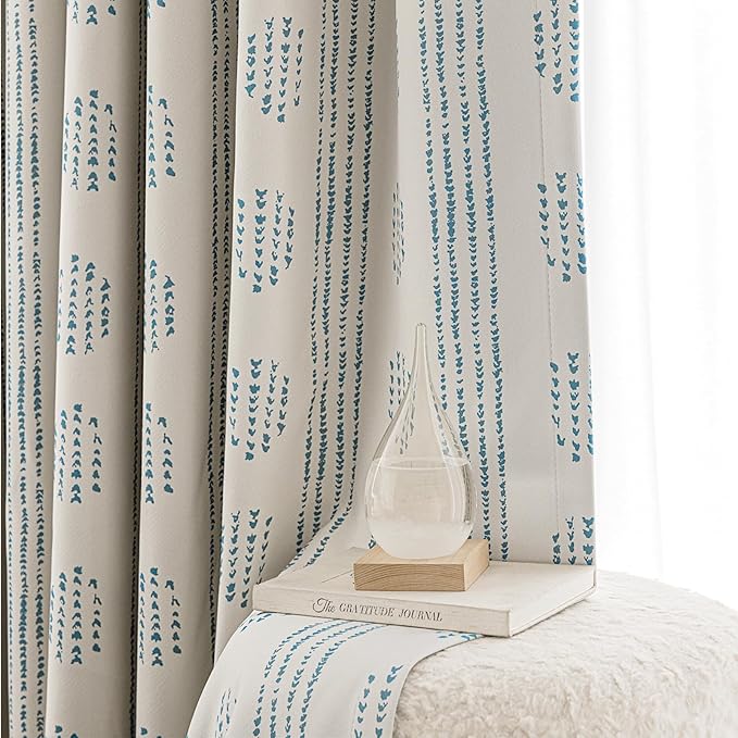 100% Boho Blackout Curtains 96 Inches Long for Bedroom, Blue on Beige Patterned Bohemian Curtains for Living Room, Geometric Striped Thermal Insulated Window Drapes Gromment Top 2 Panels