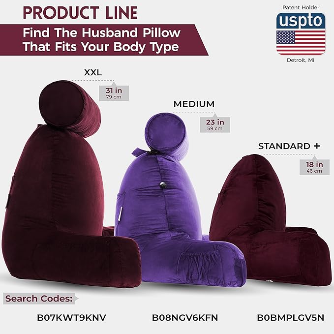 Husband Pillow Medium Aspen Edition Mauve Purple, Sit Up Reading & Bed Rest with Arms, Ultra-Comfy, Detach Neck Roll - Premium Shredded Memory Foam Backrest, Reverses to Micro: Suede or Plush