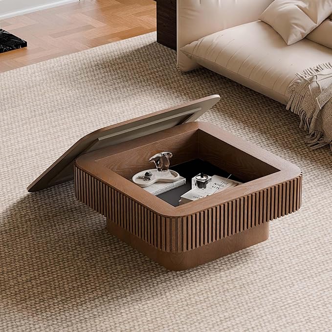 Square Small Coffee Table with Storage, Modern Wooden Coffee Table with Solid Wood Veneered, Fluted Center Table Drum Tea Table for Living Room Apartment, 31.5''L×31.5''W×14''H