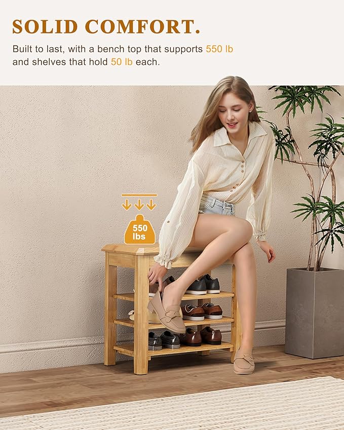 Shoe Rack Bench Seat Rubberwood 3-Tier Wooden Storage Bench 550lbs Compact Mid-Century Modern Design for Entryway, Hallway, Closet, Front Door Entrance, Foyer