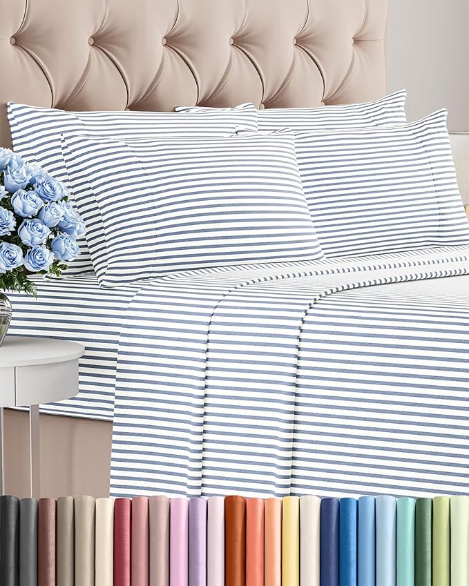 King 6 Piece Sheet Set - Cooling, Comfy & Breathable - Hotel Luxury Bedding, Includes Fitted Sheet for Women, Men, Kids & Teens - 1 Flat, 1 Fitted Sheet, 4 Pillowcases w/Deep Pockets - Blue Stripes