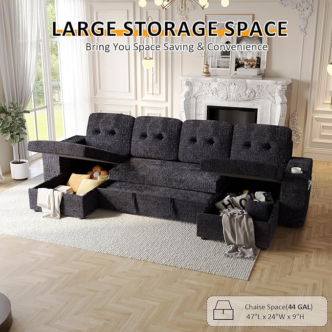 117" Sleeper Sofa Bed, U-Shaped Sofa with Dual Reversible Storage Chaise | Adjustable Backrest | Wide Armrest, Sectional Couches for Living Room, 4 in 1 Pull Out Couch Bed, Navy Blue Chenille