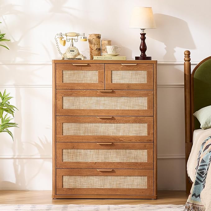 LEYAOYAO Rattan Dresser for Bedroom Set of 2, 41" Tall Chest of Drawers, Modern 6 Drawers Boho Dressers with Storage, Vintage Brown Dresser Wooden Closet Organizer for Living Room, Hallway