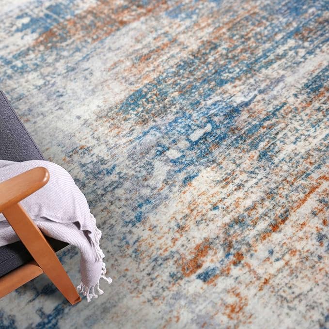 IOHOUZE Abstract Runner Rug 3x12 Ft Washable Runners for Hallways, Non Slip Kitchen Runner Printed Faux Wool Entryway Runner Indoor, Modern Abstract Floor Carpet for Hall Kitchen, Blue Rust