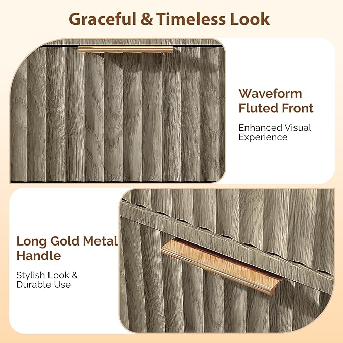 VINGLI Fluted Armoire Wardrobe Closet Wooden with Doors and Drawers, Wardrobe Cabinet with Hanging Rack, Bedroom Closet Wood, Free Standing Armoire with Shelf and Solid Wood Legs, Grey