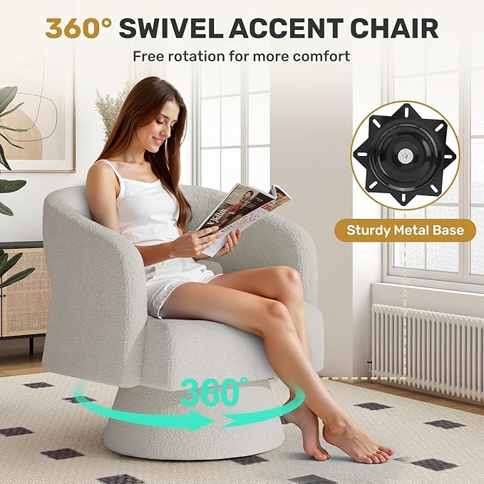 Swivel Accent Chair Set of 2, Modern Comfy Teddy Barrel Chairs, Oversized Upholstered Round Arm Chair for Living Room, Bedroom, Reading Room, White